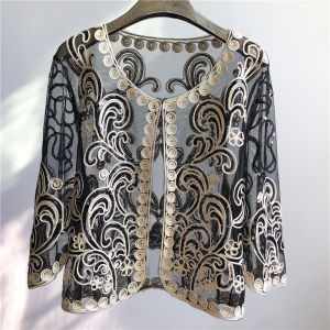 R Sequined Bolero Jacket Stitching Embroidery Floral Cardigan Half Flare Sleeve Sheer Weddding Bridal Caple Coat Over Size