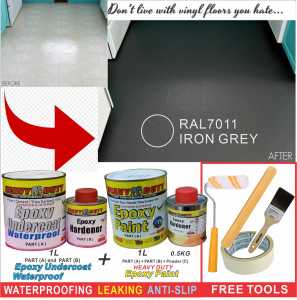 RAL7011 FULL SET Epoxy Floor Coating HEAVY DUTY ( FREE Tool Set + 1L UNDERCOAT EPOXY WATERPROOF + 1L EPOXY PAINT )