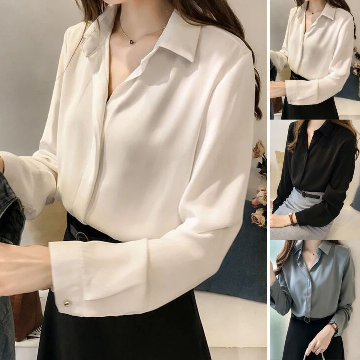 Musbeauty Women Long Sleeve Office Wear White Blouse Ladies V