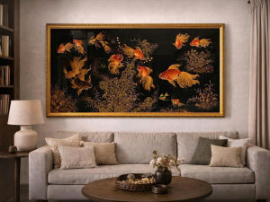 ( Tặng kèm khung) Tranh sơn mài - QUẦN NGƯ HỘI TỤ - Size 80x160 cm / Ý Nghĩa - Phong Thủy