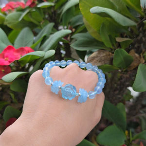 Vòng hạt mix hoa mẫu đơn sen vô ưu kép Aquamarine cho mệnh Thuỷ và Mộc - Phong Thuỷ TUDO