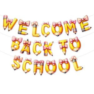 MAOMEI STUDIO Paper Welcome Back To School Banner Celebrate Cartoon Background Hanging Flag Funny Pencil School Season Banner Classroom Kindergarten