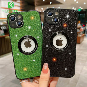 FLOVEME Luxury Shiny Metal Logo Hole Phone Case For iPhone 14 13 12 11 Pro Max 14 Plus Lens Protection Silicone Glitter Shockproof Back Cover For iphone 14 13 12 11