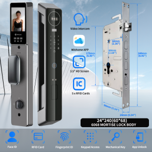 Smart Door Lock with 3D Face Recognition and Active Video Intercom 6068 Mortise Heavy Duty Aluminum Anti Theft Remote Unlock for Home Apartment Security