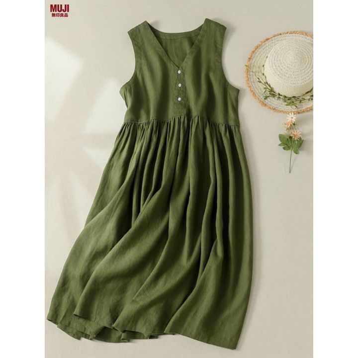 MUJI Japanese No-print Clearance Leak ~ Counter Withdrawal Japanese Cotton  And Linen Sling Dress V-neck Slim Sleeveless UNIQLO | Lazada PH