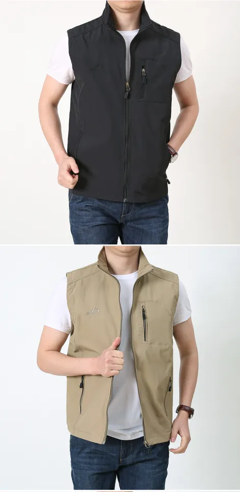 Cheap Outdoor Sleeveless Zipper Fishing Jacket Multi Pockets Light Khaki