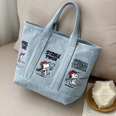 กระเป๋าทรงตั้งผ้าฝ้ายปักลาย AMILA Snoopy ที่มีฝาปิดแม่เหล็กดีไซน์การ์ตูนสำหรับใช้ในทุกวันและชุดลำลอง