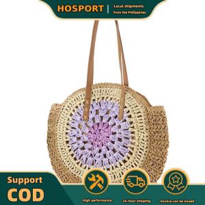 【HOSPORT】Round Casual Tote Bag with Zipper Closure Vacation Bag with Color Collision Holiday Travel Handbag for Women and Girls