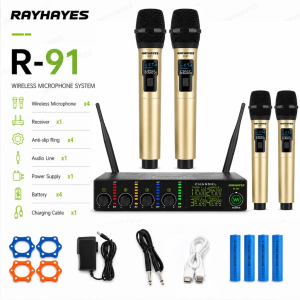RAYHAYES Professional 4 Channel Wireless Microphone Rechargeable UHF Microphone For Videoke