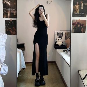 Solid Color French Fashion Design Slit Long Dress for Summer Waist Slimming and Hip Hugging Skirt