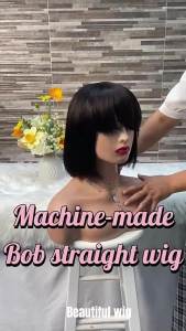 【B.Q】10/12inch 3*1 Lace 100% Human Hair Straight Bob Lace Front Wig with Bangs for Women Natural Hai
