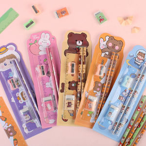 Cartoon Pencil 5-piece Set Stationery Suit School Supplies (with 2 Pencils 1 Eraser 1 Ruler 1 Pencil Sharpener)