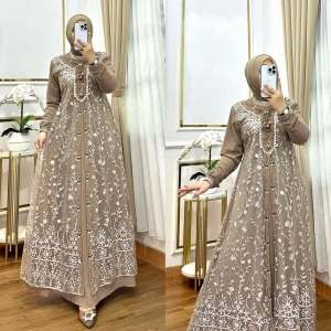 Maudy Dress Ceruty Full Brokat Gamis Pesta Kondangan Mewah Elegan Terbaru 2025  Modern Wanita Muslim Lebaran Simple Viral Kekinian
