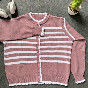 Cardigan Rajut Ruffle Motif Garis Wanita - Lengan Panjang Gaya Korea