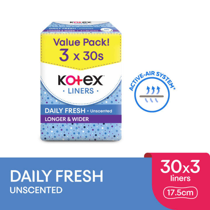 KOTEX Fresh Liners Longer & Wider Unscented 3 x 30s | Lazada