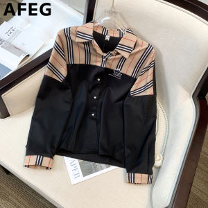 AFEG new Korean shirt-neck fashion slimming versatile smiley face print stitching striped long-sleeved blouse for women
