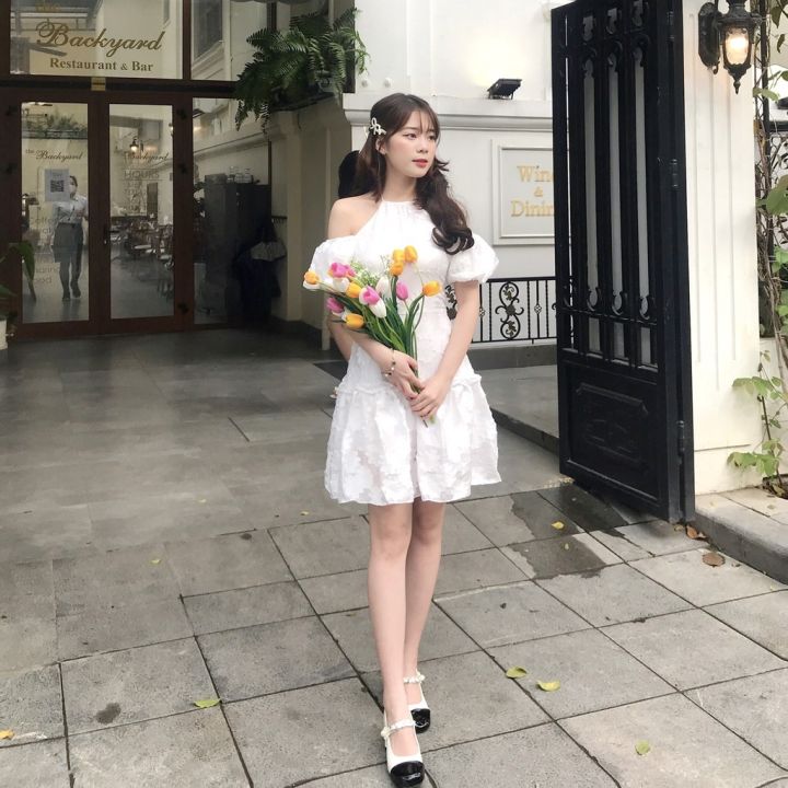 Váy Đẹp Trễ Vai Tay Bồng LECOONG V482 Đầm Tiểu Thư Phối Ren Giá rẻ chính  hãng