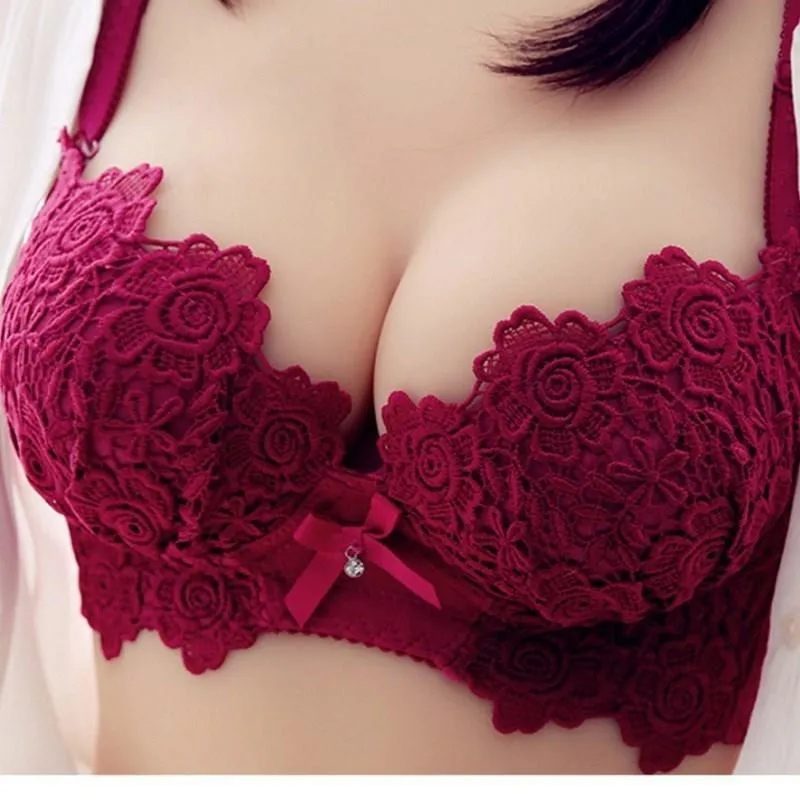 Women's Embroidered Lace Bra Set Sexy Comfortable Gather Side Support  Enhanced Push Up Underwear Set