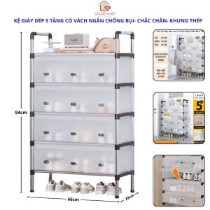 Kệ Giày Dép 5 Tầng Có Vách Ngăn Chống Bụi Khung Thép Chắc Chắn