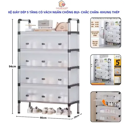 Kệ Giày Dép 5 Tầng Có Vách Ngăn Chống Bụi Khung Thép Chắc Chắn