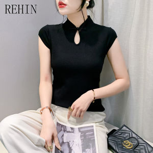 REHIN Plate buckle beaded short-sleeved T-shirt summer niche Elegant Slim knitwear womens top