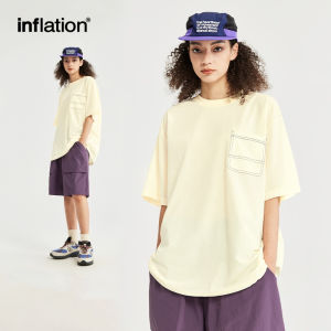 INFLATION brand men and girls 2024 spring/summer new 150g hydrogen T-shirt with open thread pockets outdoor loose shoulder solid color short sleeves