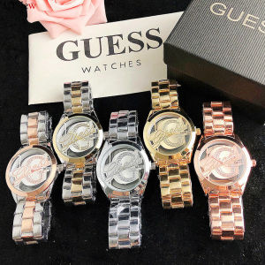 Ladies Watch Stylish Guess Pattern Skeleton Transparent Dial Individual Business Women Watches Mental Strap Quartz Watch Causal Quartz Wrist Watches