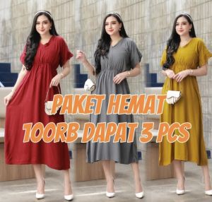 Paket 3 pcs Daster Asmiranda Rayon Premium Plus Size Busui Resleting Depan - Warna Solid