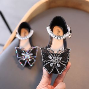 Girls Cute Shoes Butterfly Flats Bling Bling Diamond Bowknot Soft Kids Leather Sandal Shoes