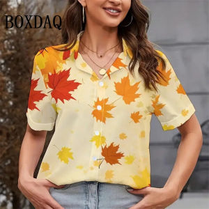 Elegant Womens Blouses Red Maple Leaf Short Sleeve Lapel Shirts Casual Vintage Button Summer Beach Simple Fashion 3D Print Tops