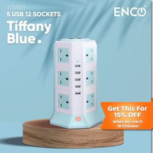 Enco TP-VA5U12K (DD-5U12K) )Vertical Tower Extension 12 Way Gang Socket UK Plug Adapter Power Strip with 5 USB Port 2M - White Blue 2M SIRIM APPRO