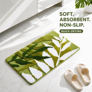Green Leaf Plush Floor Mat Absorbent Anti Slip Fast Dry Soft Rug Bathroom Kitchen Doormat Living Room Hallway