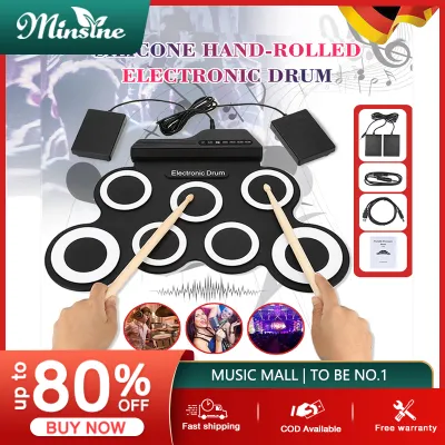 [Free drum sticks]Minsine Electronic drum set Portable Foldable Silicone Electronic Drum Pad Kit Digital USB MIDI Roll-up with Drumstick Foot Pedal 3.5mm Audio Cable Outdoorfree