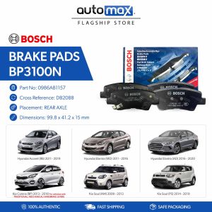 Bosch Brake Pads BP3100N (DB2088) REAR for Hyundai Accent (RB) 2011 - 2019 Elantra (MD) 2011 - 2016 (AD) 2016 - 2020 Kia Carens (RP) 2013 - 2018 Soul (AM) 2009 - 2013 (PS) 2014 - 2019