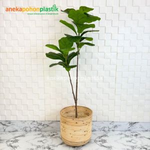Pohon Hias Tanaman Artificial Daun Ketapang T100 Latex Pot Dasar Hitam Plastik + Cover Rotan Ulir Hiasan Rumah Cafe Dekorasi Sudut Ruangan Aesthetic