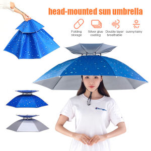 Foldable Head Umbrella Cap Men Women Outdoor Double-Deck Anti Rain Sun UV Protection Fishing Golf Beach Portable Headwear Hat Payung Topi Memancing 头戴雨伞