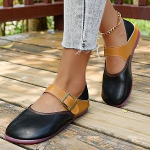 Free Shipping New Retro Color-Block Buckle Low-Top Flats For Women Autumn Casual Shallow-Toe Slip-On Loafers