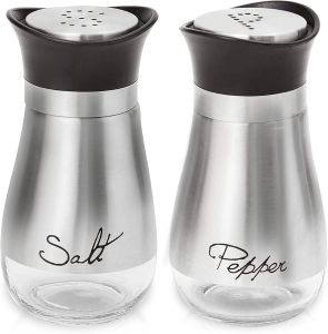 2 Pcs Salt & Pepper Shakers Set - Stainless Steel & Glass Modern Kitchen Decor & Perfect Gift Idea for Dining Table
