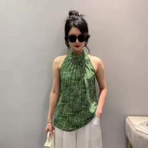 Ammin 2024 mùa hè thời trang đứng lên cổ áo không tay off-the vai thiết kế xếp li áo cánh vải voan người phụ nữ cổ điển màu đen kẻ sọc kết cấu Áo Blouse thanh lịch