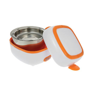 Electric Lunch Box Food Container Portable Mini Rice Cooker 1 Litre white with orange handle and lid