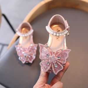 Girls Cute Shoes Butterfly Flats Bling Bling Diamond Bowknot Soft Kids Leather Sandal Shoes Suitable 2-8 years