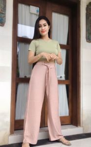 Yumyum Kulot Wanita HW Tali Ribbon Pita Sabuk Pinggang Celana Panjang High Waist Polos Rayon