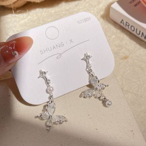 พู่ยาว S925เพทายต่างหูผีเสื้อต่างหูสำหน้าร้อนไข่มุกสวยงามต่างหูเงินสต็อก