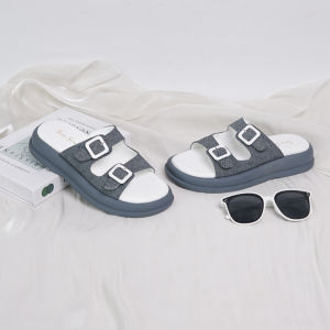 Sarasara Jolla Sandal Slop Wanita Nilon Polos Dua Ban Gesper dengan Karet Kekinian - Warna Blue