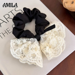 Amila dễ thương NƠ REN scrunchie cột tóc cho phụ nữ thanh lịch phong cách Hàn Quốc buộc tóc co giãn với thiết kế hoa tinh tế