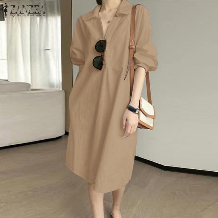ZANZEA Korean Style Women Fashion 3/4 Sleeve Dresses Turn-Down-Collar Midi  Solid Color Shirtdress #0310 Lazada PH