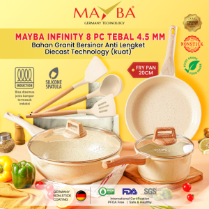 MAYBA INFINITY 8 PC Panci set lengkap tebal anti lengket glowing granit wok fry sauce pan and 3 spatula silikon tahan panas PFOA FREE