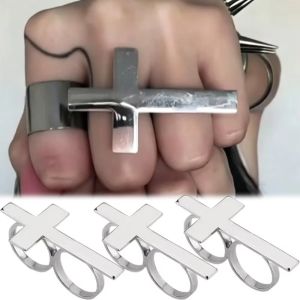 BELLETEN Stainless Steel Two Finger Cross Ring Silver Big Cross Shape Double Finger Ring Vintage Christian Cross Ring Women Men