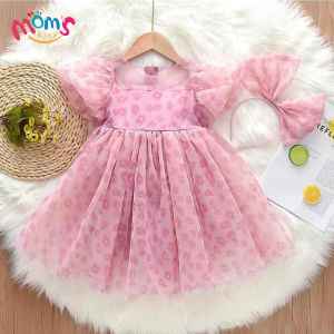 Princess Party Dress for Kids Girls 2-7 Years Old Cute Pink Design with Headband Birthday Dress for Kids Girls