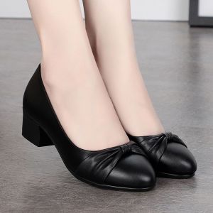 Free Shipping Spring New WomenS Shoes Shallow-Cut Slip-On Low-Top Work Shoes Mid-Heel Leather Shoes Comfortable  Heel WomenS Mom Shoes